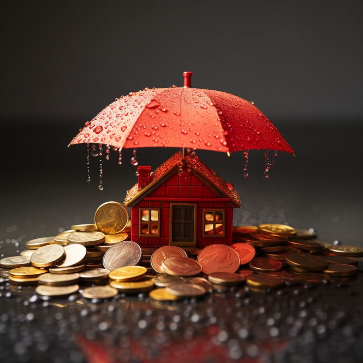 Casa protegida por guarda-chuva entre moedas simbolizando uma reserva de emergência financeira