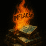 Pilha de notas de 100 reais em chamas com a palavra "inflação", simbolizando a perda de poder de compra e a importância do Tesouro IPCA+ para proteção financeira no longo prazo