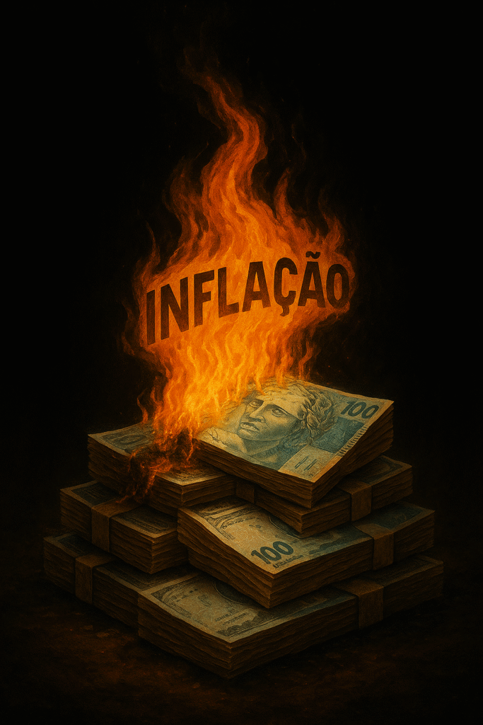 Pilha de notas de 100 reais em chamas com a palavra "inflação", simbolizando a perda de poder de compra e a importância do Tesouro IPCA+ para proteção financeira no longo prazo