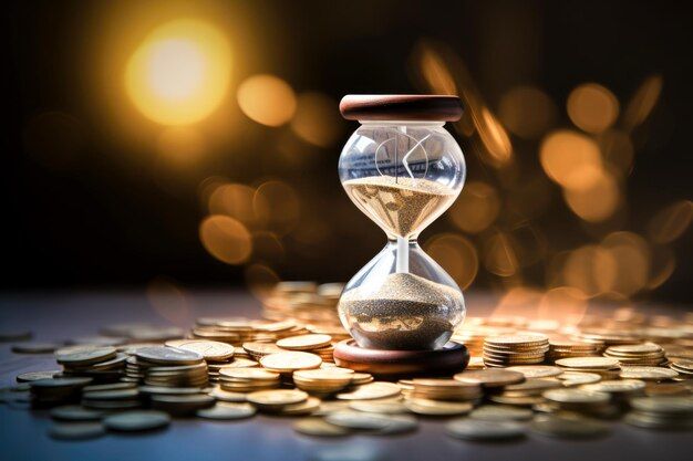 Ampulheta sobre moedas douradas, representando o tempo como fator determinante na rentabilidade do Tesouro Prefixado e a importância do vencimento para o investimento