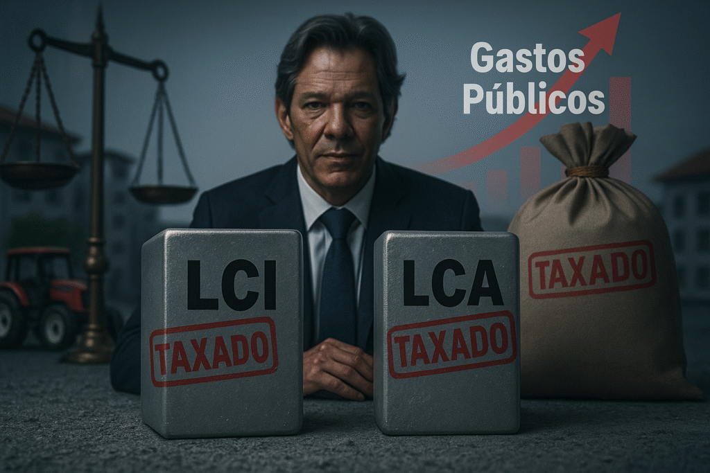 Autoridade política diante de blocos LCI e LCA taxados, com seta crescente destacando o aumento dos gastos públicos — crítica à nova tributação de investimentos em 2026