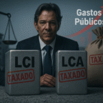 Autoridade política diante de blocos LCI e LCA taxados, com seta crescente destacando o aumento dos gastos públicos — crítica à nova tributação de investimentos em 2026