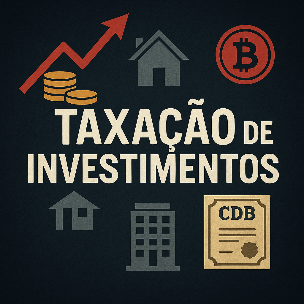 Ilustração digital com a expressão ‘taxação de investimentos’ em destaque, cercada por ícones de moedas, imóveis, Bitcoin, gráfico de alta e certificado CDB — representando os ativos afetados pela nova tributação a partir de 2026.
